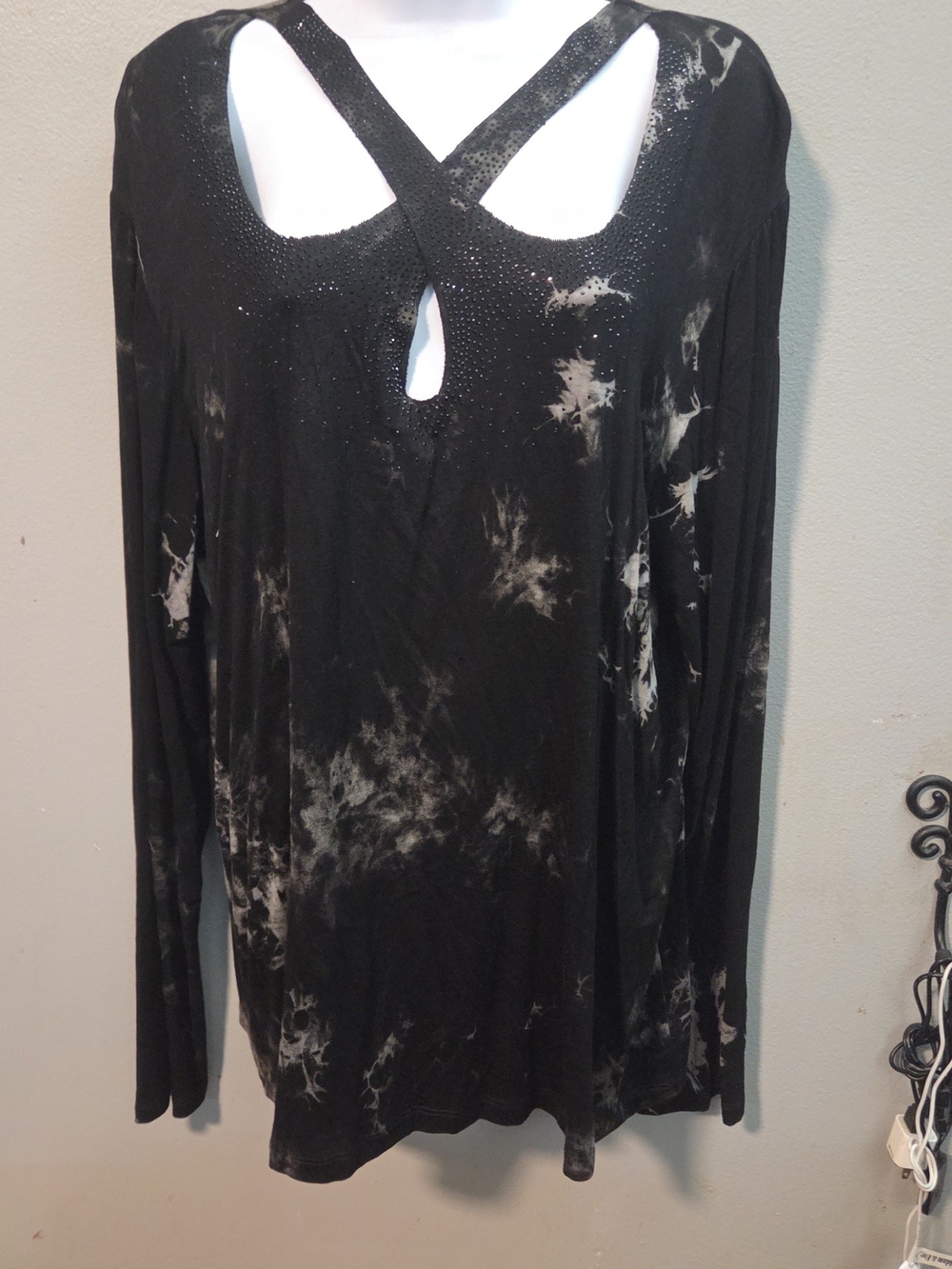 Black Tie-Dye Long Sleeve Women's Top with Crisscross Neckline